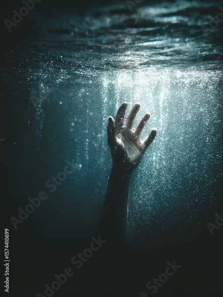 Fototapeta A desperate hand rises from the deep ocean, reaching for help. This poignant image captures the urgency and struggle of a drowning person fighting for survival.