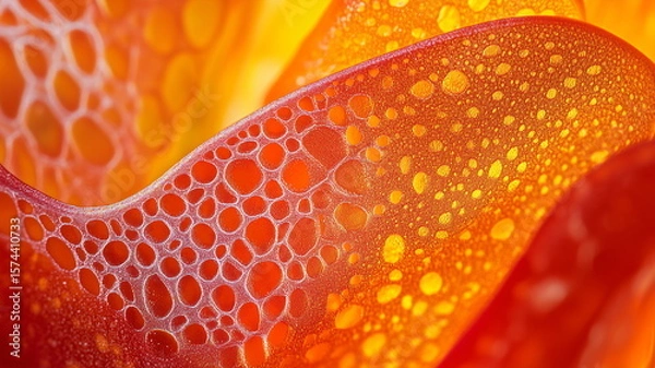Fototapeta Microscopic view of a bell pepper's inner walls showing vibrant cellular structure in red and orange