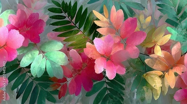 Fototapeta Lush tropical leaves watercolor texture in soft green and pink, organic pattern seamless repeat print design. Botanical foliage wallpaper background