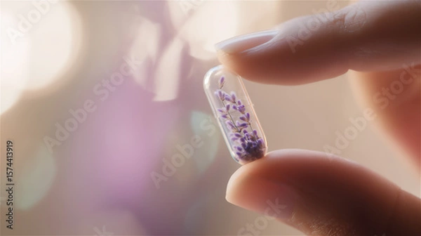 Fototapeta 小さな透明のカプセルに入ったラベンダーの花