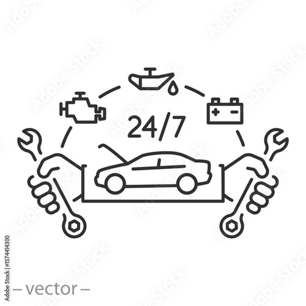 Obraz car service 24 on 7, auto repair icon, transport service emblem, repair station, line symbol on white background - editable stroke vector illustration eps10