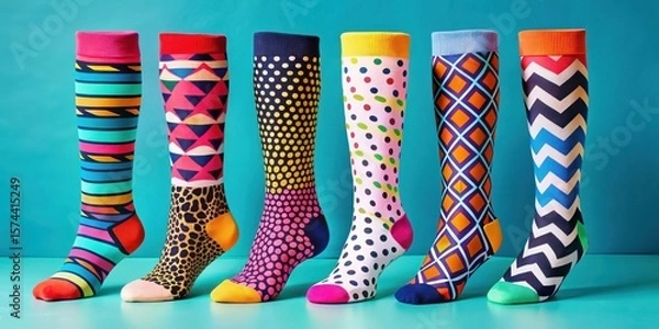 Fototapeta Colorful animal prints knee-high socks with bold geometric shapes and abstract patterns