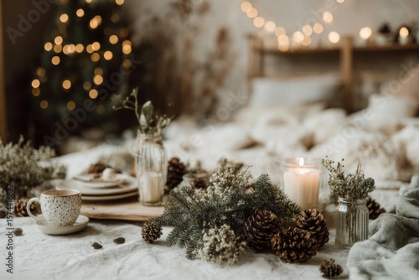 Fototapeta minimalistic christmas celebration atmosphere in usa featuring soft lighting and simple garlands