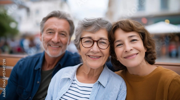 Obraz Family bonding outdoors on a bench enjoying a day together