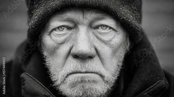 Fototapeta closeup portrait of american homeless man showcasing powerful expression of fear and anxiety
