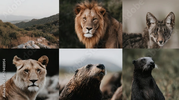 Fototapeta collection of portraits featuring top  wild animals set against minimalistic background with bokeh effects