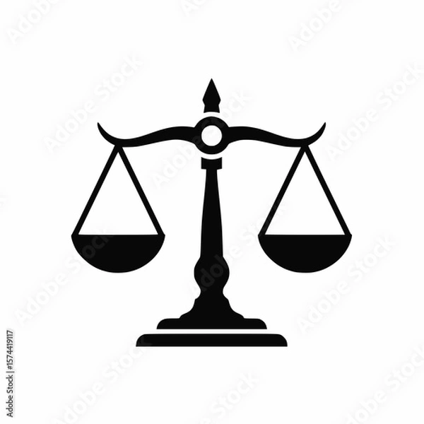 Fototapeta Vector of a balanced justice scale, solid black color, white background