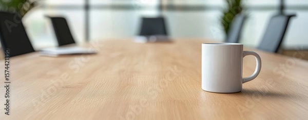 Fototapeta White coffee mug sits on wooden conference table, surrounded by empty chairs, creating calm and professional atmosphere
