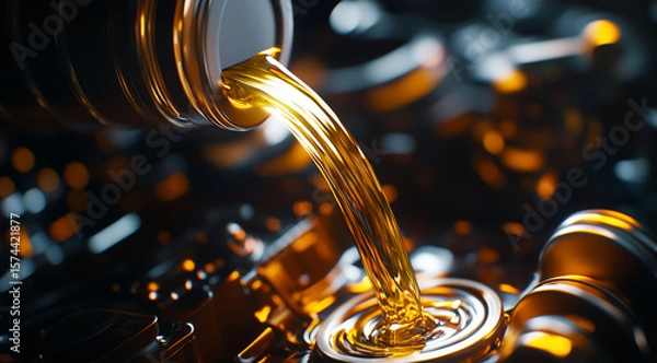Fototapeta Image showcases close up of oil being poured into engine, highlighting rich golden color and smooth texture of liquid. scene conveys sense