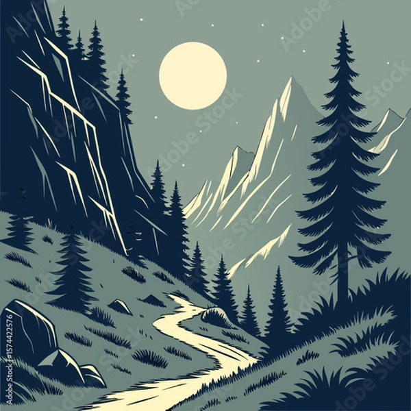 Fototapeta Majestic Mountain Night Scene: Winding Path, Moonlit Peaks, and Evergreen Trees