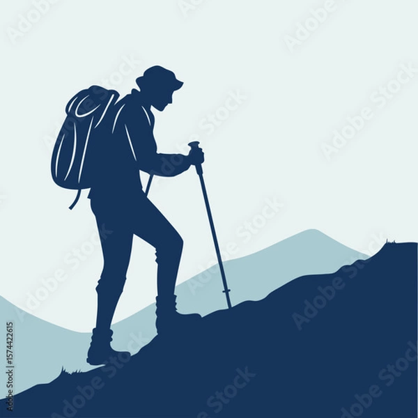 Fototapeta Hiking Silhouette: Adventurous Backpacker Ascending Mountain Peak