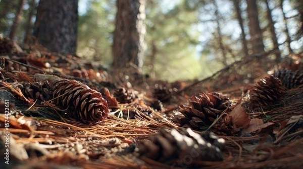 Fototapeta Pine cones on forest floor, sunlight filters through trees