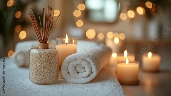 Obraz Warm spa scene with candles, diffuser, and rolled towels on a white surface, lit by bokeh lights