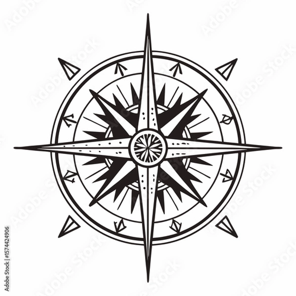 Fototapeta Monoline Hand Drawing Radiating compass with intricate design and spiritual symbols, representing guidance