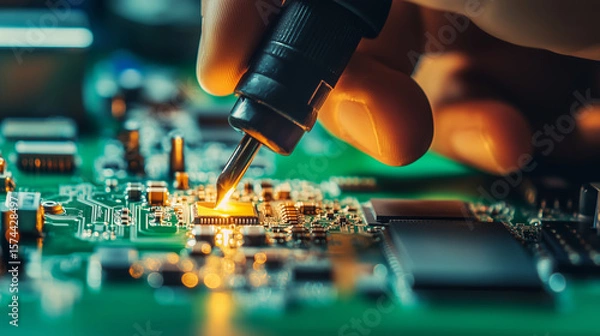 Fototapeta Close up shot of engineer hand holding soldering tool, working on circuit board with glowing components, showcasing precision and skill
