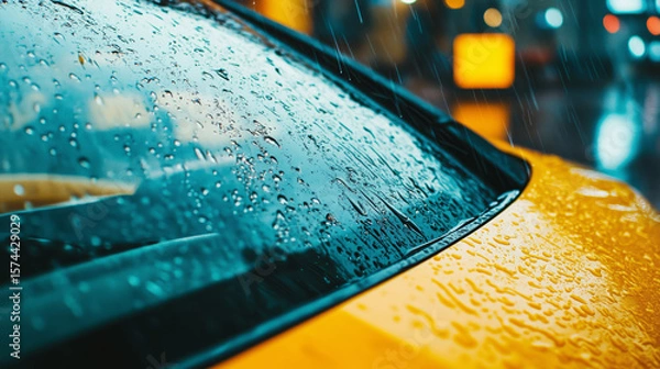 Fototapeta Close up shot of car windshield covered in raindrops, showcasing beauty of nature elements and urban reflections