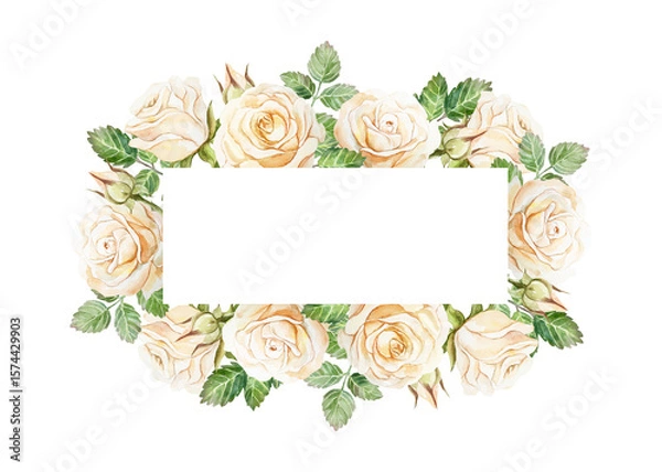 Fototapeta Pastel roses text frame. Horizontal. Hand drawn watercolor illustration isolated on white. For greeting cards, save the date, valentines day, wedding invitations, labels, covers.