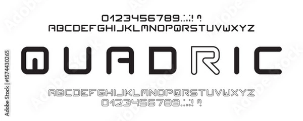 Fototapeta Futuristic square display alphabet in regular and outline styles. Includes uppercase letters, numbers, and symbols. Perfect for tech and sci-fi designs.