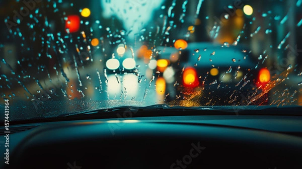 Fototapeta Rainy city street view through car windshield, showcasing blurred lights and raindrops, creating moody atmosphere
