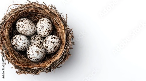 Obraz Bird nest with speckled eggs on white background