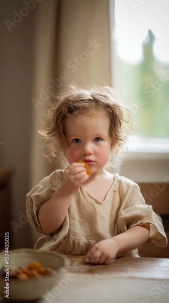 Fototapeta A young Caucasian girl with curly hair sits at a table, holding a piece of food. Natural light filters through a window, creating a warm atmosphere.