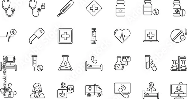 Fototapeta A collection of outline icons representing various medical and healthcare related items isolated on white background