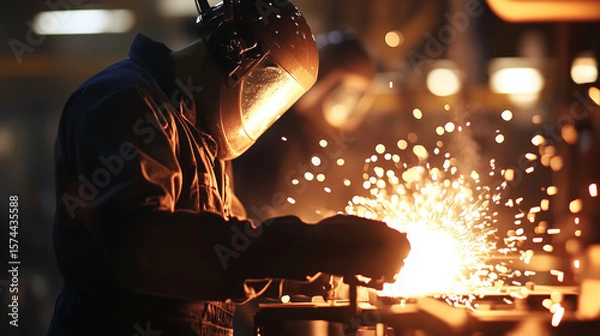 Fototapeta Skilled worker in protective gear creates sparks while welding in workshop, showcasing craftsmanship and dedication