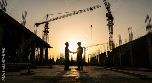 Fototapeta Construction workers handshake sunset