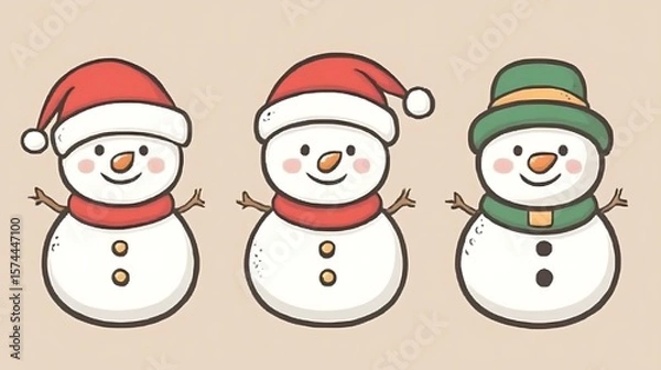 Fototapeta Three cheerful snowmen with different hats.