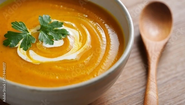 Fototapeta Closeup of creamy yellow pumpkin soup in a white bowl with a spoon, a healthy and hot vegetarian dish perfect for dinner or lunch