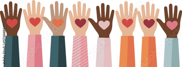 Fototapeta Diverse Hands with Hearts Unity, Love, Inclusion, Volunteerism and Support Illustration