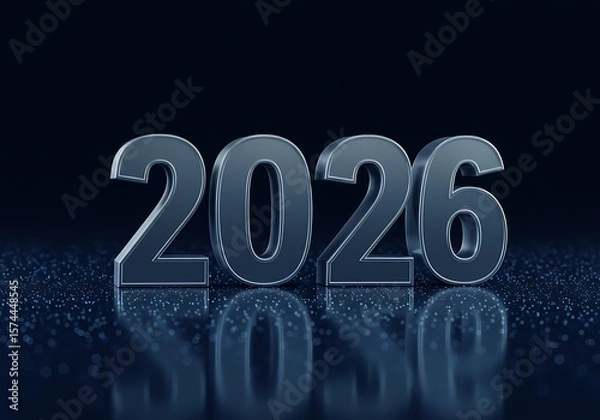 Fototapeta Metallic 2026 numbers reflected on a dark surface