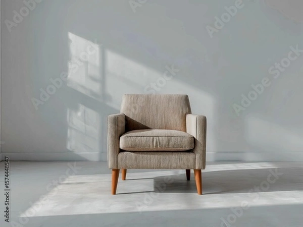 Fototapeta Stylish beige armchair in minimalistic room with soft natural light