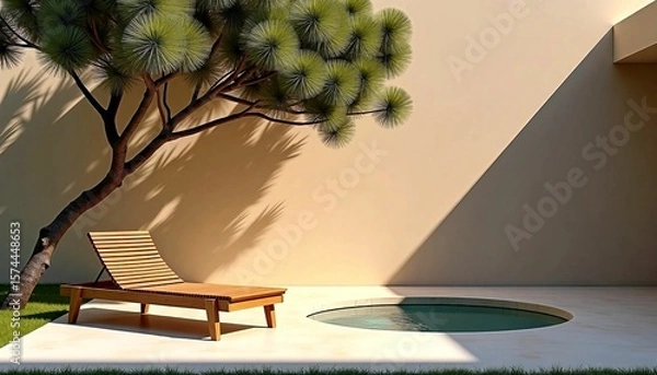 Fototapeta Elegant outdoor lounge area with wooden deck chair and circular pool under a tree