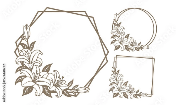 Obraz Floral frames collection. Monogram frames with lily flowers. Elegant and delicate florals.