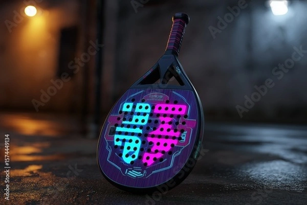 Fototapeta Vibrant paddle racket with neon accents resting on wet pavement, illuminated by ambient light, showcasing modern design and unique patterns for sports enthusiasts and marketing purposes