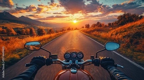 Obraz Motorcycle POV driving into a sunset. Mountains in the background and trees on either side of road