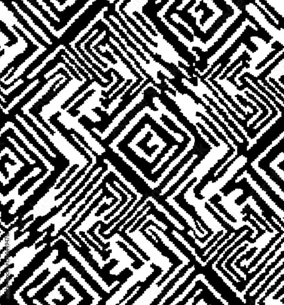 Fototapeta stock photo vector black and white geometry textile brush pattern with ikat style background, ethnic ikat texture design 