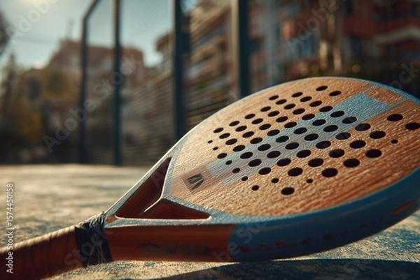 Fototapeta Close-up of a colorful padel racket resting on the court surface, showcasing its unique design and perforated head, with blurred background of a sports facility and sunlight illuminating the scene