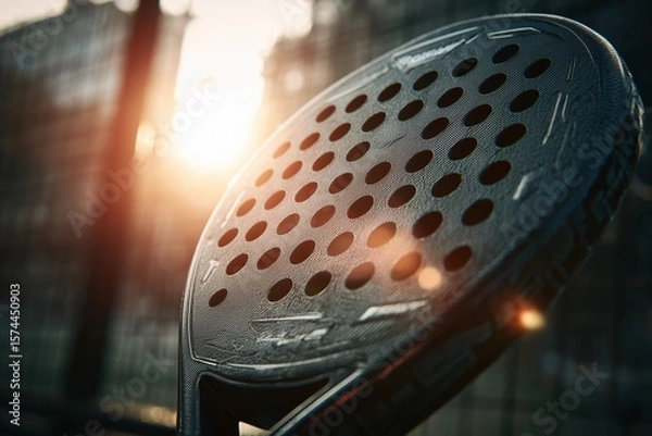 Fototapeta Close-up of a padel racket with perforated surface, showcasing its design and texture, illuminated by warm sunlight during a game on an outdoor court with a blurred background