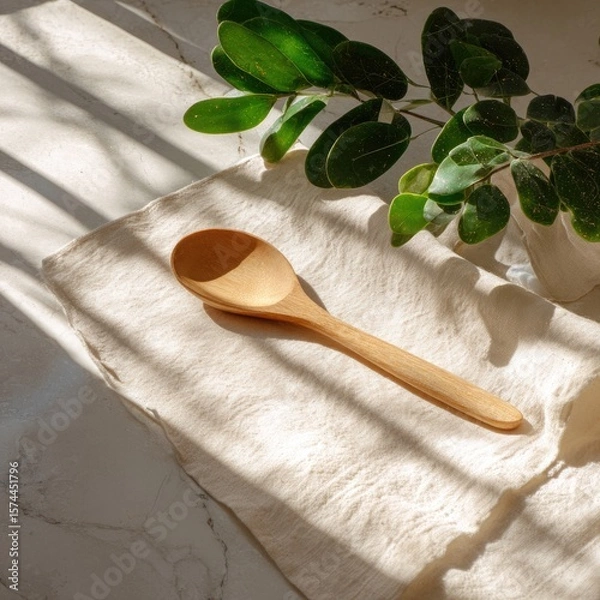 Obraz Wooden spoon on linen cloth with natural light