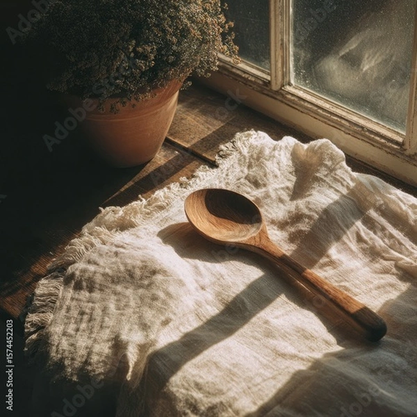 Obraz Wooden spoon on linen cloth by window