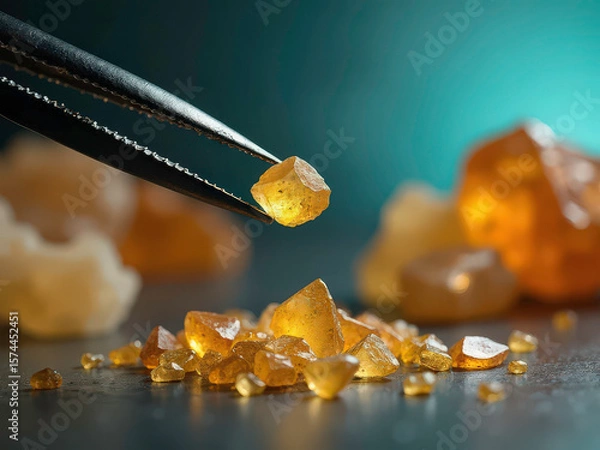 Fototapeta A hyper-realistic close-up of a pair of precision black tweezers delicately holding a small, semi-transparent yellow crystal shard above a smooth dark surface