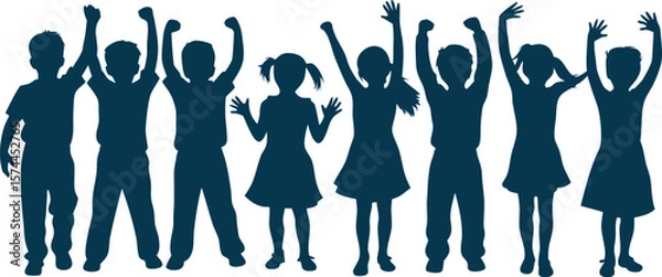 Fototapeta Silhouettes of Cheering Children Celebrating Victory, Teamwork, Unity, and Group Success