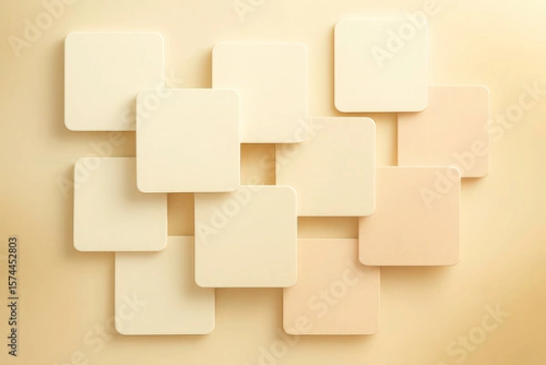 Fototapeta An elegant abstract layout with square tiles suspended over a warm, creamy beige background that gently fades into soft gold undertones