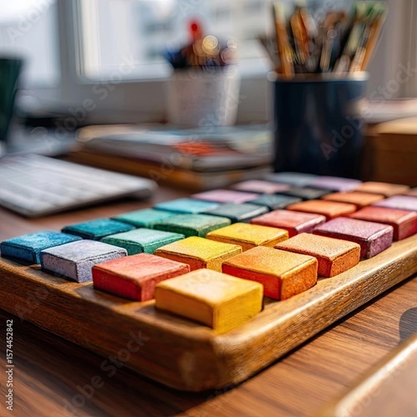 Obraz Colorful square blocks on wooden tray, artist's supplies in background