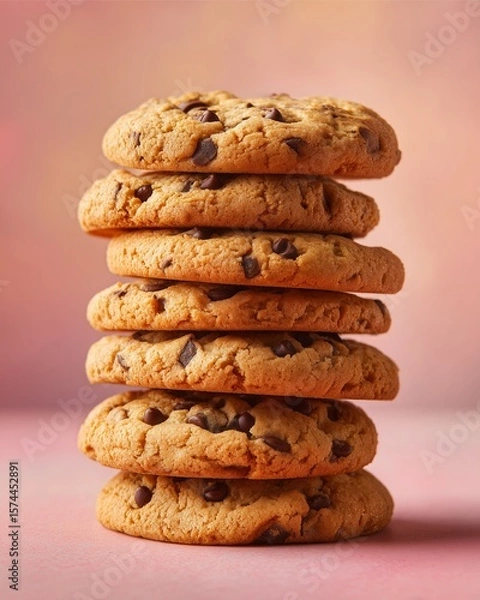 Fototapeta Tower of Sweetness: A tempting stack of golden-baked cookies with generous chocolate chips, showcasing a perfect treat for indulgence.