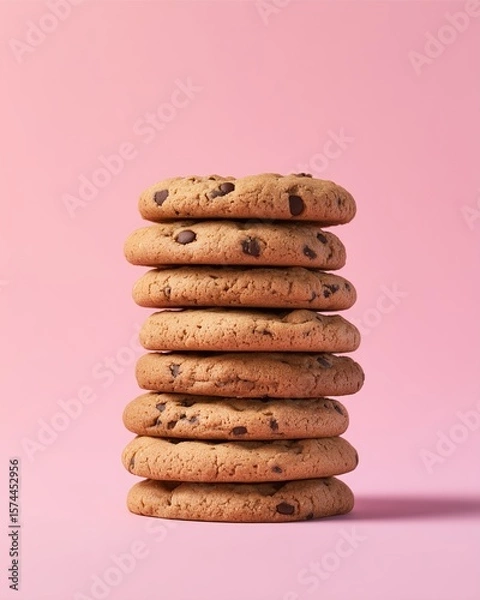Obraz Sweet Stack: A tower of freshly baked cookies, each studded with rich chocolate chips, stands tall against a soft pastel backdrop, representing a simple pleasure.