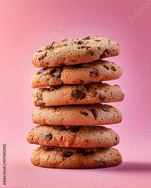Obraz Chocolate Chip Cookie Tower: A delightful stack of freshly baked chocolate chip cookies, arranged perfectly, offers a tempting view that evokes a feeling of warmth, happiness and delight. 