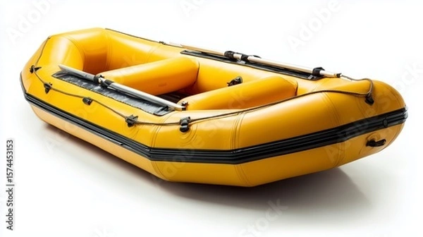 Obraz Inflatable Raft on display: This inflatable raft, designed for river adventures, stands out with its vibrant yellow exterior, poised to carry explorers on thrilling aquatic journeys.